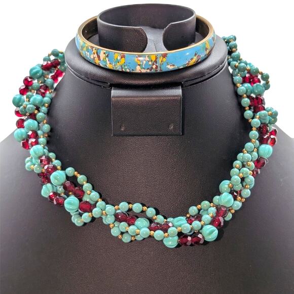 Vintage Faux Turquoise Carved & Red Crystal Torsade Hook Clasp Necklace - Picture 6 of 6